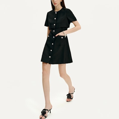 (Women) KARL LAGERFELD Black Midi Button-Up Short Sleeve Dress E41W1397 Purchase (Women) KARL LAGERFELD Black Midi Button-Up Short Sleeve Dress E41W1397