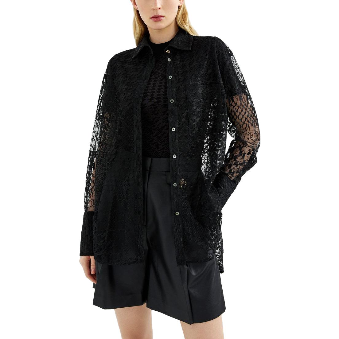 Lookbook (Women) KARL LAGERFELD  Black Patchwork Lace Long Sleeve Shirt 221L1610