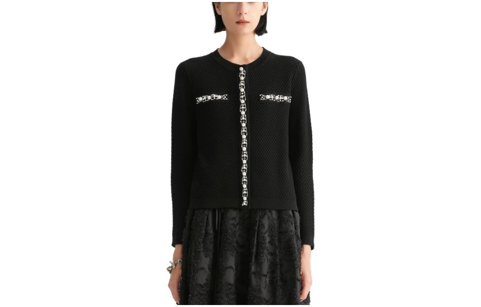 (Women) KARL LAGERFELD  Black Pearl Trim Knit Cardigan Sweater E36W2013