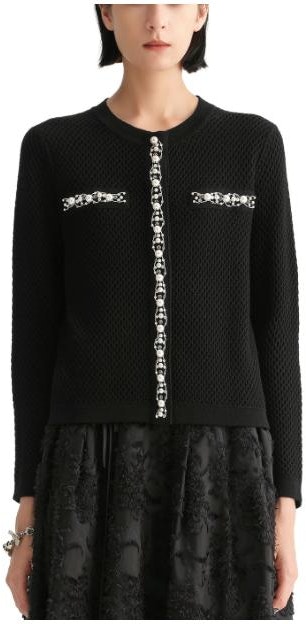 women-karl-lagerfeld-black-pearl-trim-knit-cardigan-sweater-e36-w2013