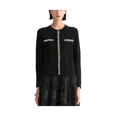 (Women) KARL LAGERFELD Black Pearl Trim Knit Cardigan Sweater E36W2013