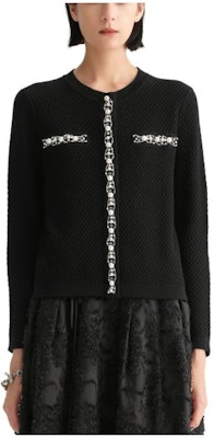 (Women) KARL LAGERFELD Black Pearl Trim Knit Cardigan Sweater E36W2013 Order (Women) KARL LAGERFELD Black Pearl Trim Knit Cardigan Sweater E36W2013