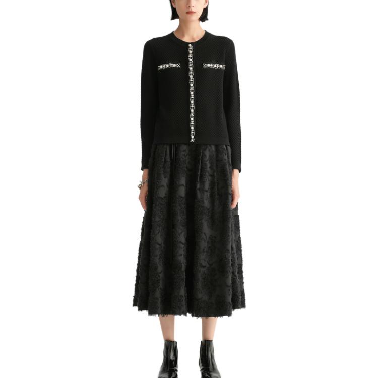 Lookbook (Women) KARL LAGERFELD  Black Pearl Trim Knit Cardigan Sweater E36W2013