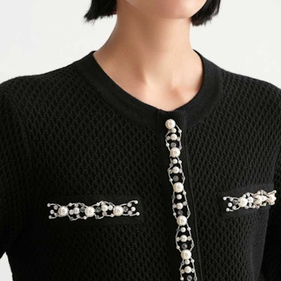 (Women) KARL LAGERFELD Black Pearl Trim Knit Cardigan Sweater E36W2013 Details for (Women) KARL LAGERFELD Black Pearl Trim Knit Cardigan Sweater E36W2013