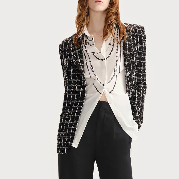 Shop (W) 칼 라거펠트 블랙 체크 싱글브레스티드 롱슬리브 블레이저 236L1437