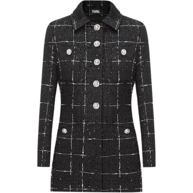 (Women) Karl Lagerfeld  Black Plaid Tweed Single-Breasted Long-Sleeve Jacket E36W1534