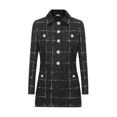 (Women) Karl Lagerfeld Black Plaid Tweed Single-Breasted Long-Sleeve Jacket E36W1534