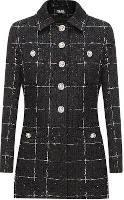 (Women) Karl Lagerfeld Black Plaid Tweed Single-Breasted Long-Sleeve Jacket E36W1534 Order (Women) Karl Lagerfeld Black Plaid Tweed Single-Breasted Long-Sleeve Jacket E36W1534