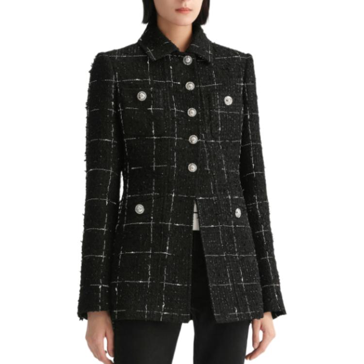 Lookbook (Women) Karl Lagerfeld  Black Plaid Tweed Single-Breasted Long-Sleeve Jacket E36W1534