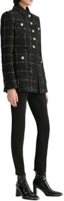 (Women) Karl Lagerfeld Black Plaid Tweed Single-Breasted Long-Sleeve Jacket E36W1534 Purchase (Women) Karl Lagerfeld Black Plaid Tweed Single-Breasted Long-Sleeve Jacket E36W1534