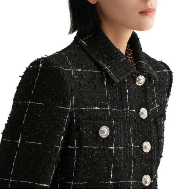 Sizing (Women) Karl Lagerfeld  Black Plaid Tweed Single-Breasted Long-Sleeve Jacket E36W1534