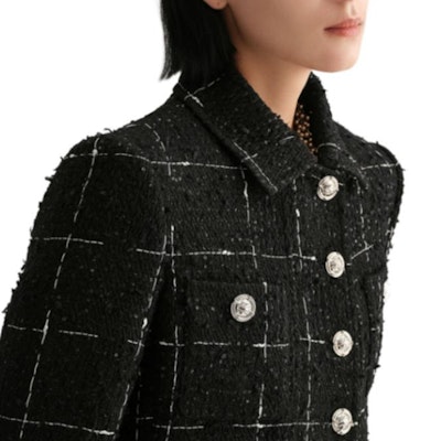 (Women) Karl Lagerfeld Black Plaid Tweed Single-Breasted Long-Sleeve Jacket E36W1534 Sizing (Women) Karl Lagerfeld Black Plaid Tweed Single-Breasted Long-Sleeve Jacket E36W1534