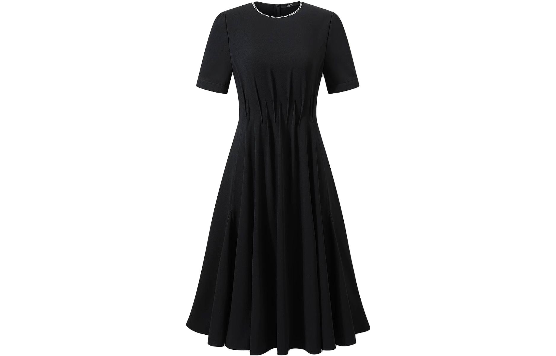 (Women) KARL LAGERFELD  Black Pleated Short-Sleeve Casual Dress. 231L1397