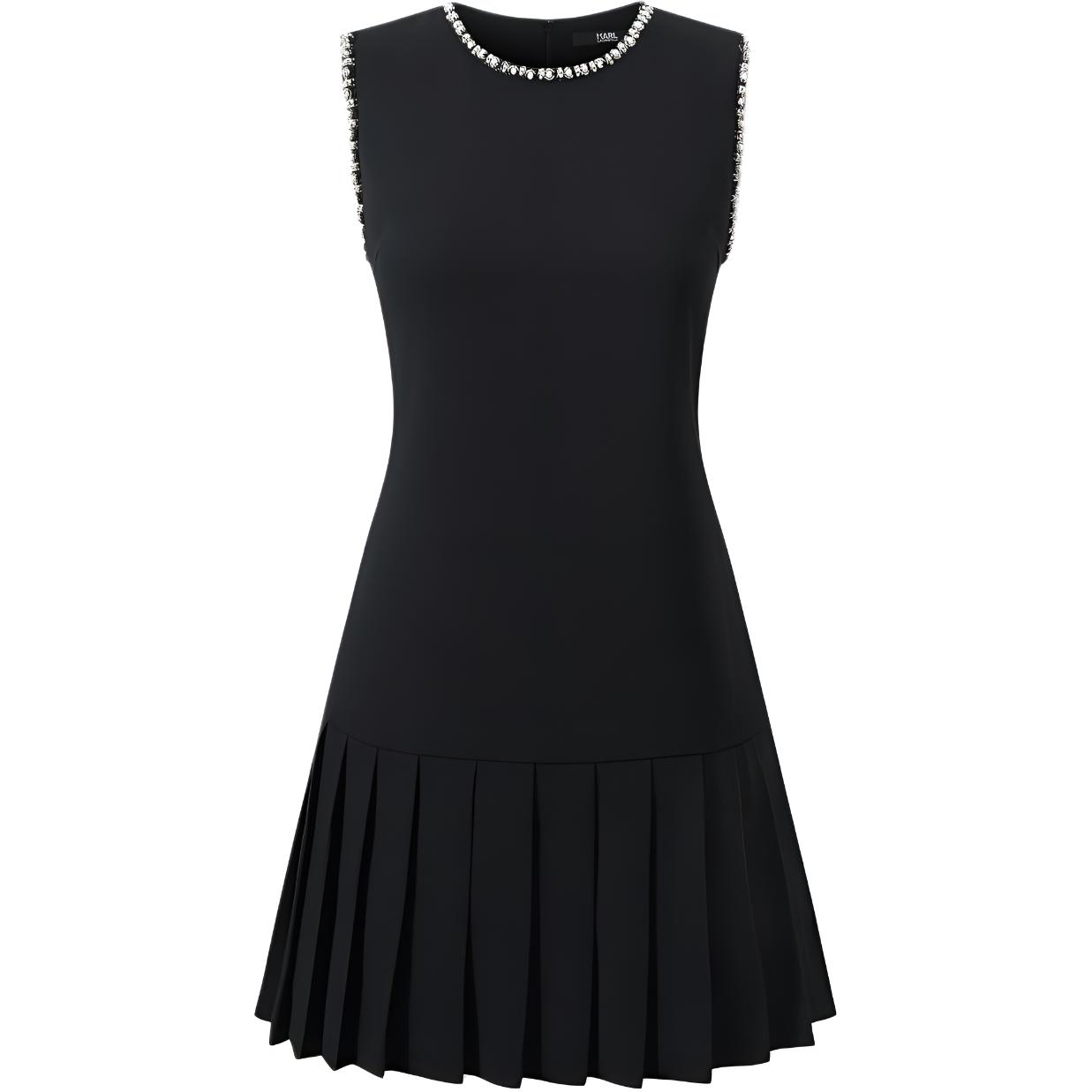 Order (W) KARL LAGERFELD Gaun Hitam Tanpa Lengan Lipit dengan Detail Manik-Manik 231L1398