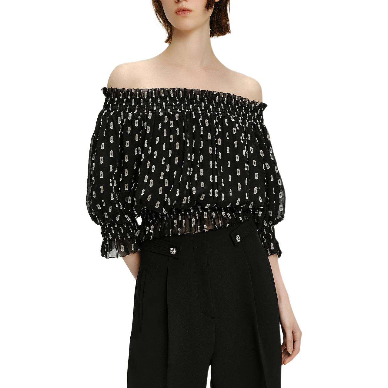 (Women) KARL LAGERFELD  Black Polka Dot Off-Shoulder Blouse - Casual Chic Top 241L1629