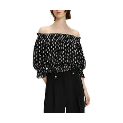 (Women) KARL LAGERFELD Black Polka Dot Off-Shoulder Blouse - Casual Chic Top 241L1629