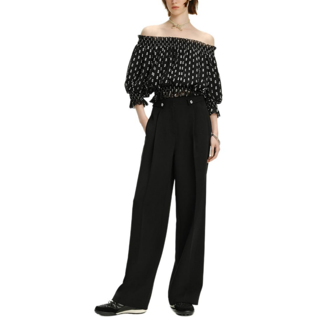Purchase (Women) KARL LAGERFELD  Black Polka Dot Off-Shoulder Blouse - Casual Chic Top 241L1629