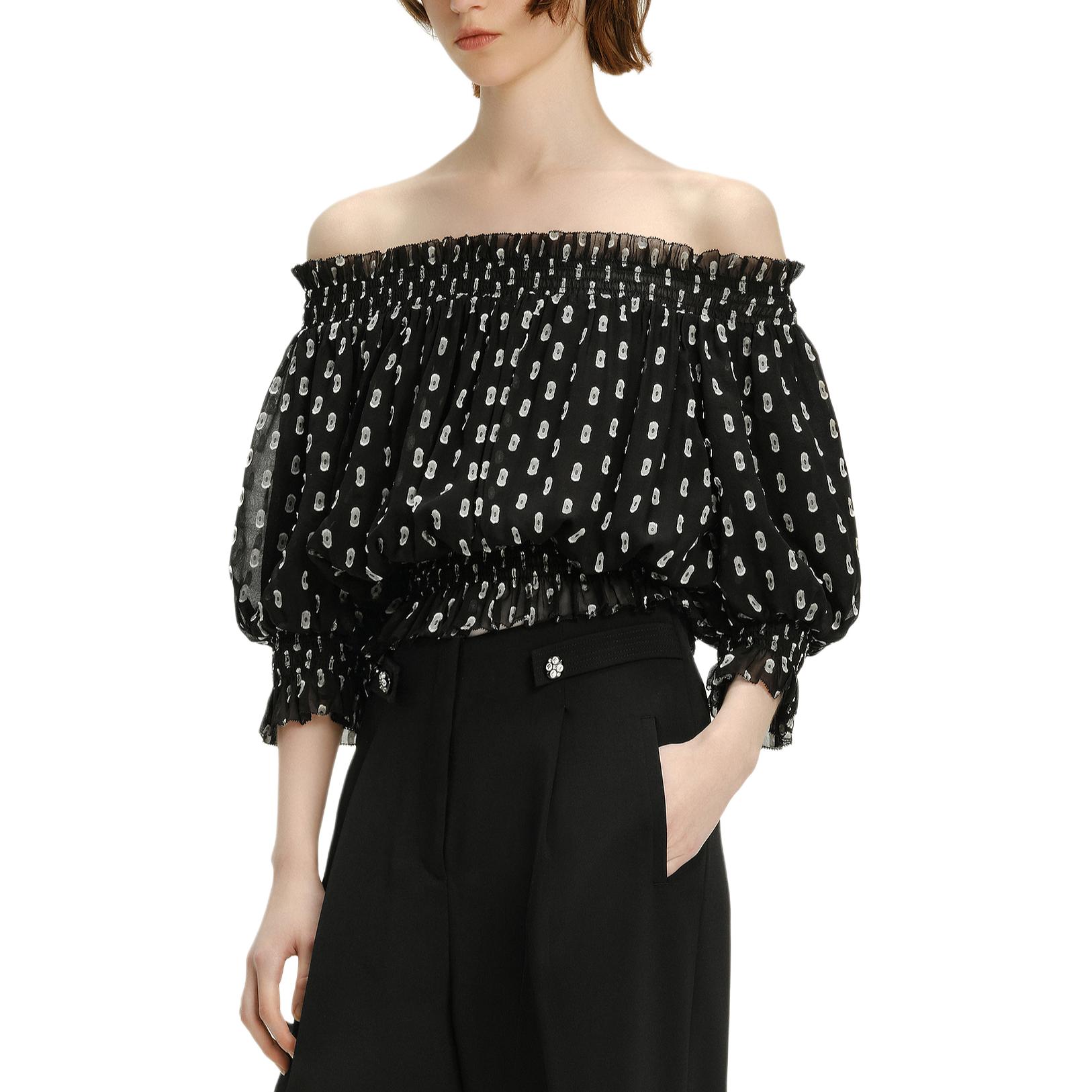 Sizing (Women) KARL LAGERFELD  Black Polka Dot Off-Shoulder Blouse - Casual Chic Top 241L1629