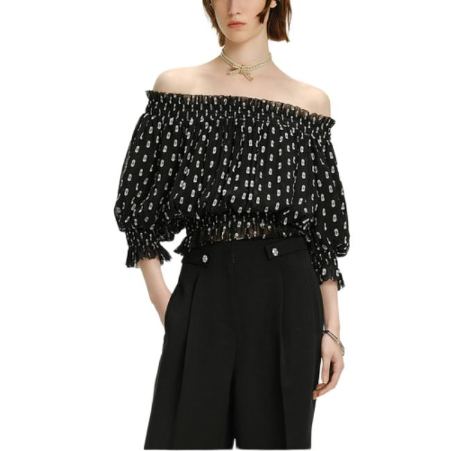 Cheap (Women) KARL LAGERFELD  Black Polka Dot Off-Shoulder Blouse - Casual Chic Top 241L1629