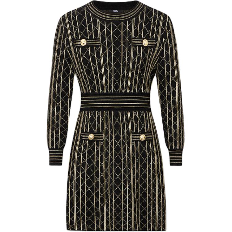 (Women) Karl Lagerfeld  Black Quilted Crew Neck Button Long Sleeve Dress E37W1322