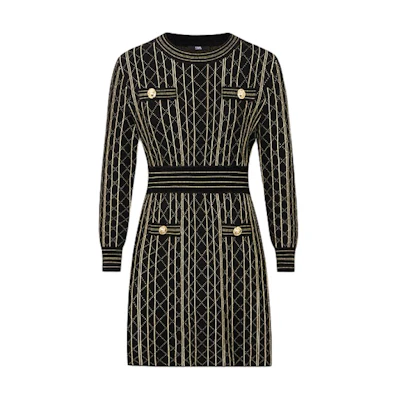 (Women) Karl Lagerfeld Black Quilted Crew Neck Button Long Sleeve Dress E37W1322
