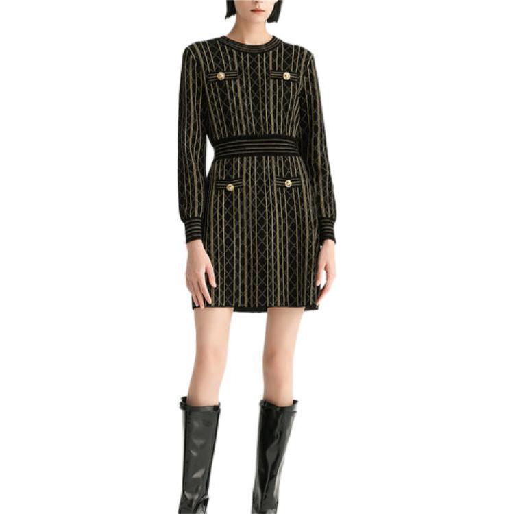 Lookbook (Women) Karl Lagerfeld  Black Quilted Crew Neck Button Long Sleeve Dress E37W1322