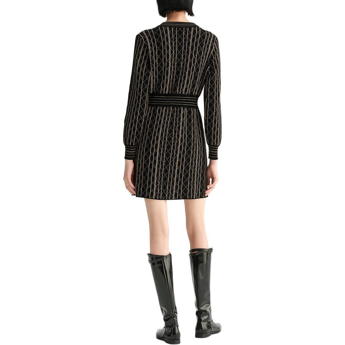 Shop (Women) Karl Lagerfeld  Black Quilted Crew Neck Button Long Sleeve Dress E37W1322