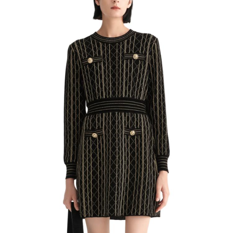Details for (Women) Karl Lagerfeld  Black Quilted Crew Neck Button Long Sleeve Dress E37W1322