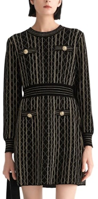 (Women) Karl Lagerfeld Black Quilted Crew Neck Button Long Sleeve Dress E37W1322 Details for (Women) Karl Lagerfeld Black Quilted Crew Neck Button Long Sleeve Dress E37W1322