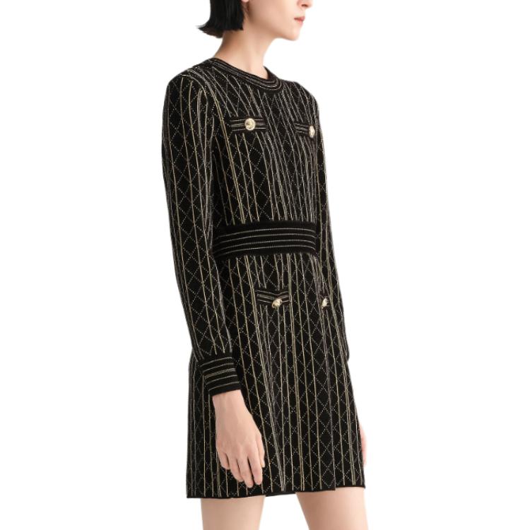 Sizing (Women) Karl Lagerfeld  Black Quilted Crew Neck Button Long Sleeve Dress E37W1322