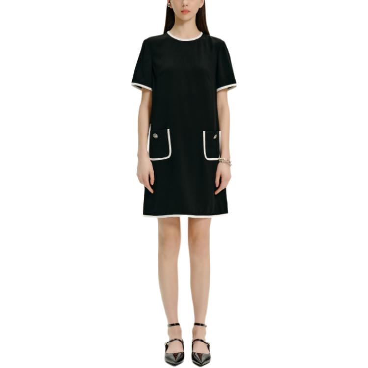 (Women) KARL LAGERFELD  Black Short Sleeve Casual Dress with Contrast Trim. E42W13B2