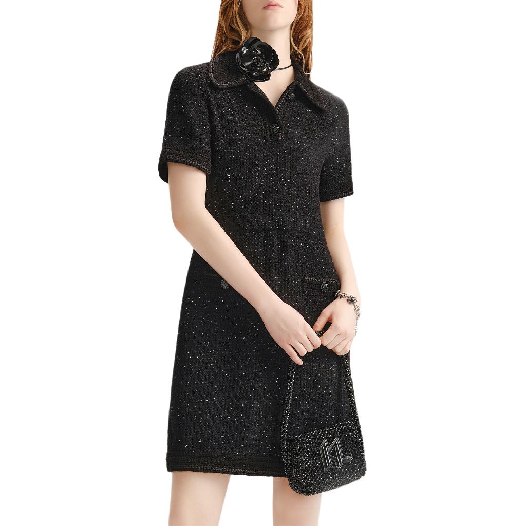 Details for (Women) KARL LAGERFELD  Black Short Sleeve Knit Mini Dress with Buttons. 236L1330