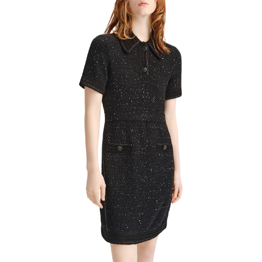 Sizing (Women) KARL LAGERFELD  Black Short Sleeve Knit Mini Dress with Buttons. 236L1330