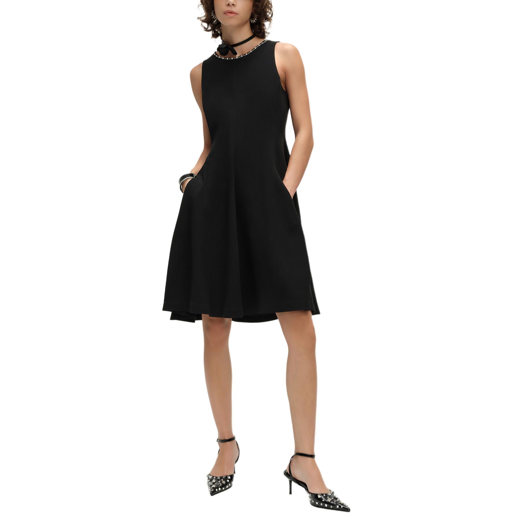 Shop (Women) KARL LAGERFELD  Black Sleeveless A-Line Dress with Rhinestone Details SS24 242E1392