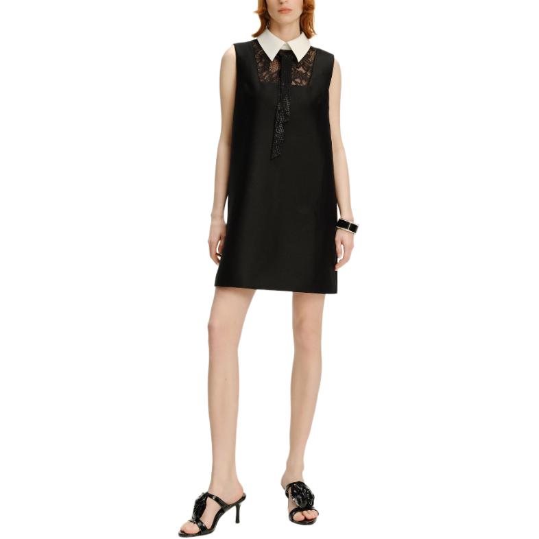 Lookbook (W) KARL LAGERFELD Gaun Mini Tanpa Lengan Hitam Lace Colorblock Gaya Mewah 241L1358