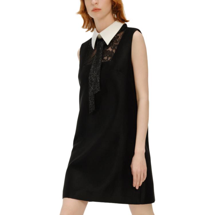 Cheap (W) KARL LAGERFELD Gaun Mini Tanpa Lengan Hitam Lace Colorblock Gaya Mewah 241L1358