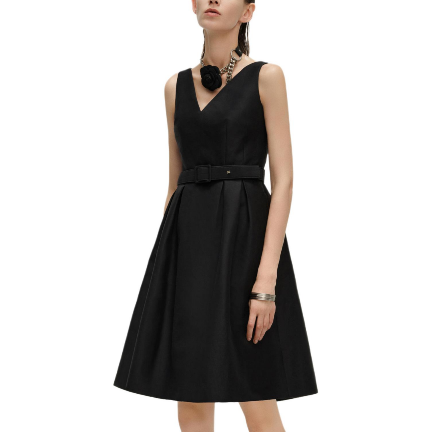 Sizing (Women) KARL LAGERFELD  Black Sleeveless V-Neck Midi Dress Elegant Style 241L1310