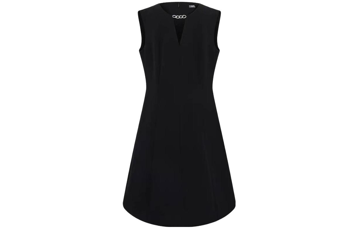 (Women) KARL LAGERFELD  Black Sleeveless V-Neck Zipper Dress for Daily Wear. E33L1305