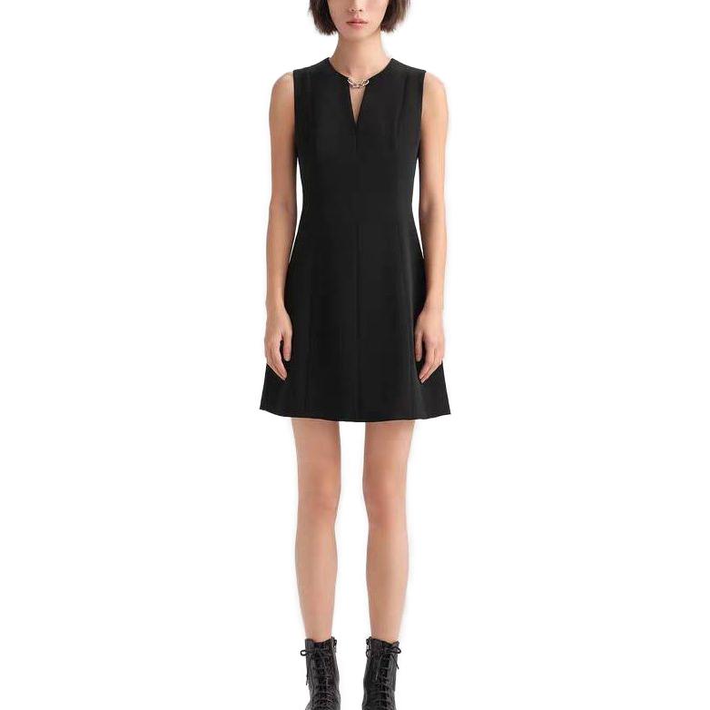 Lookbook (Women) KARL LAGERFELD  Black Sleeveless V-Neck Zipper Dress for Daily Wear. E33L1305