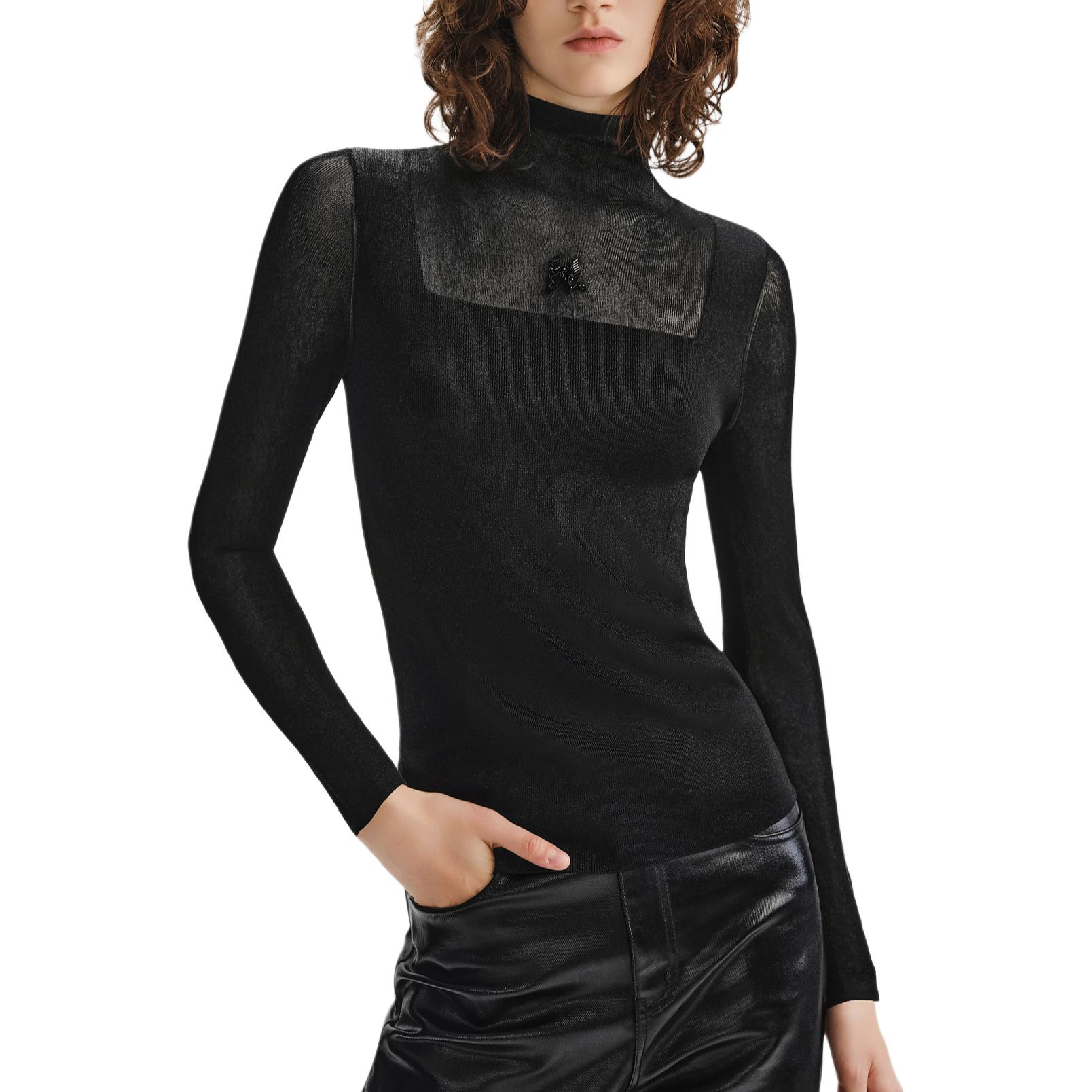 Lookbook (Women) KARL LAGERFELD  Black Solid Stand Collar Knit Pullover Sweater. 236L2070