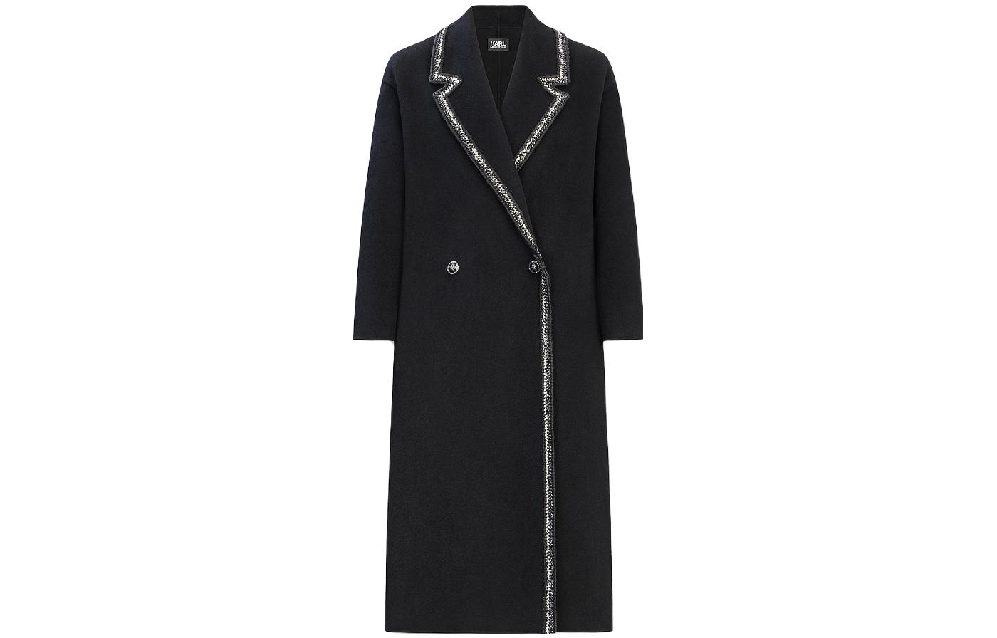 (Women) KARL LAGERFELD  Black Tweed Coat with Contrast Silver Lace Trim. E37W1507