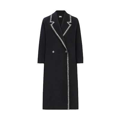 (Women) KARL LAGERFELD Black Tweed Coat with Contrast Silver Lace Trim. E37W1507