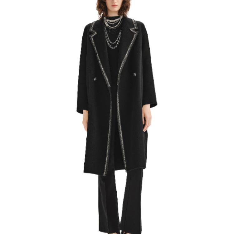 Lookbook (Women) KARL LAGERFELD  Black Tweed Coat with Contrast Silver Lace Trim. E37W1507