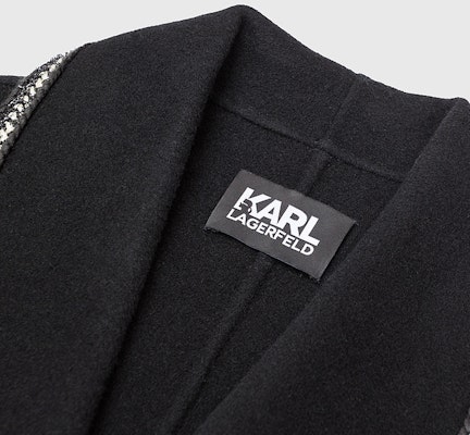 (Women) KARL LAGERFELD Black Tweed Coat with Contrast Silver Lace Trim. E37W1507 Details for (Women) KARL LAGERFELD Black Tweed Coat with Contrast Silver Lace Trim. E37W1507