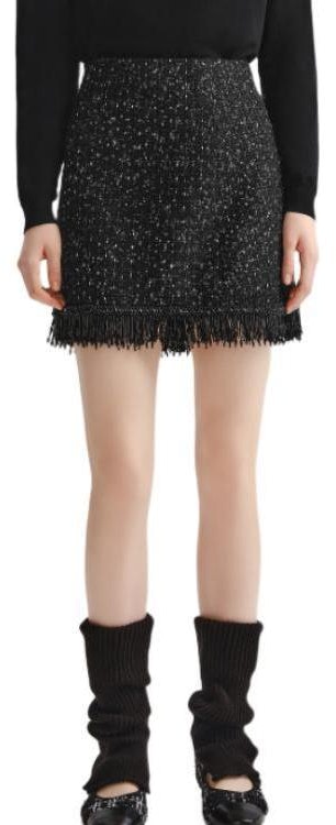 women-karl-lagerfeld-black-tweed-high-waisted-fringe-a-line-casual-skirt-236-l1209