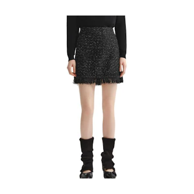 (Women) KARL LAGERFELD Black Tweed High-Waisted Fringe A-Line Casual Skirt 236L1209