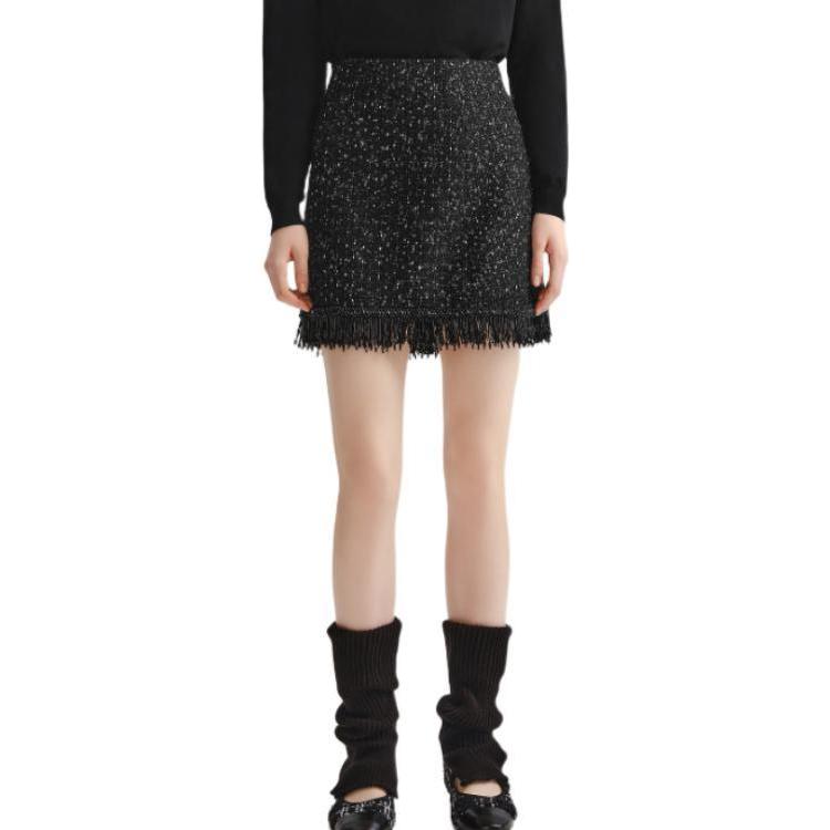 Order (Women) KARL LAGERFELD  Black Tweed High-Waisted Fringe A-Line Casual Skirt 236L1209