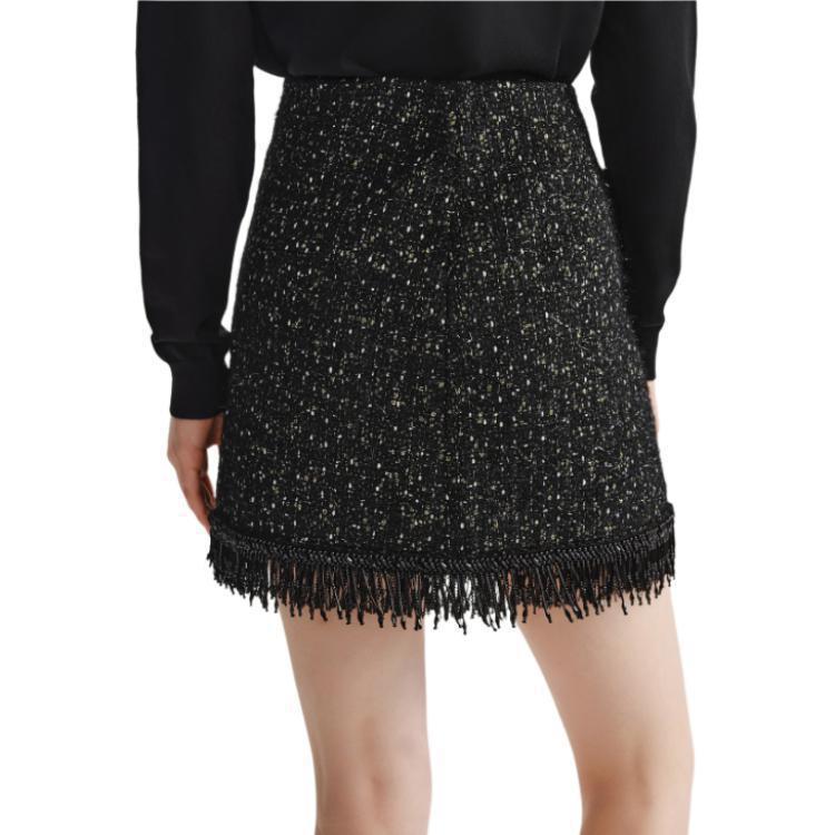 Details for (Women) KARL LAGERFELD  Black Tweed High-Waisted Fringe A-Line Casual Skirt 236L1209