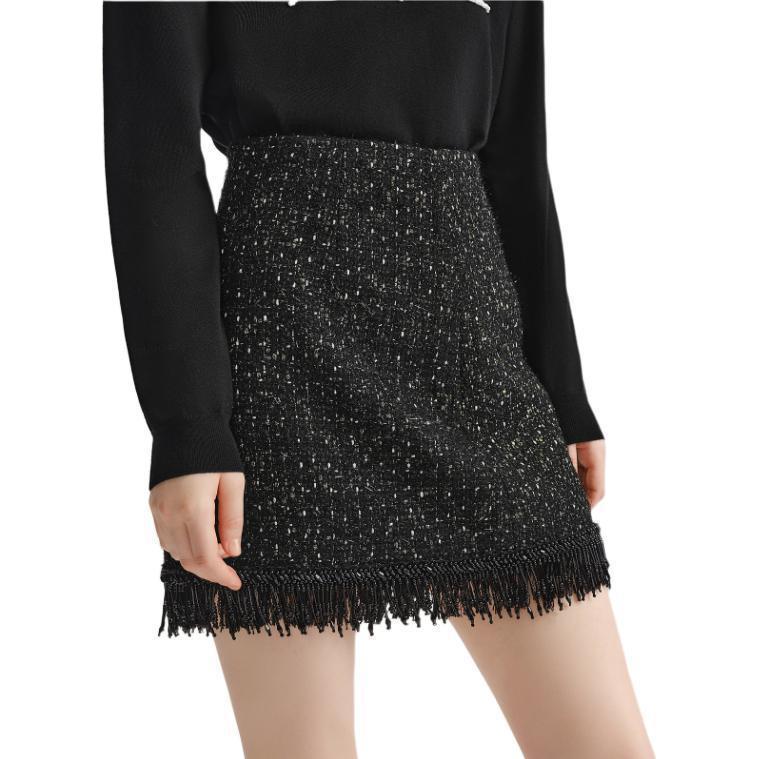 Sizing (Women) KARL LAGERFELD  Black Tweed High-Waisted Fringe A-Line Casual Skirt 236L1209
