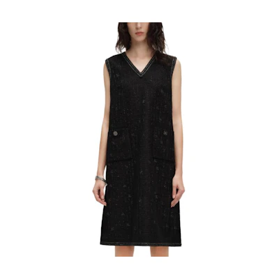 (Women) KARL LAGERFELD Black Tweed V-Neck Sleeveless Midi Dress 241L1314